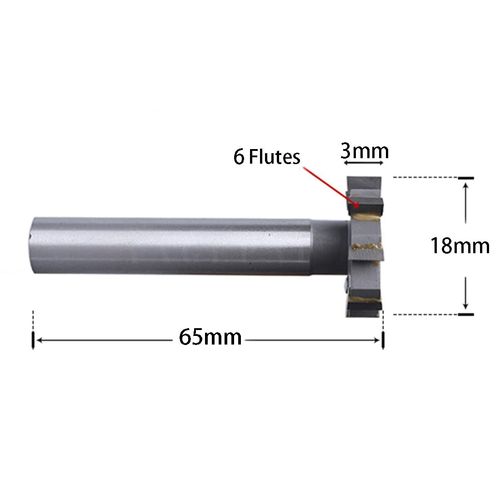 HSS-AL T Slot End Mill Milling Cutter，High-Speed Steel Woodruff Keyseat Cutter, HalfRound Keyway Milling Cutter, Straight Shank, 6 Flutes, 18 x 3 x 65mm