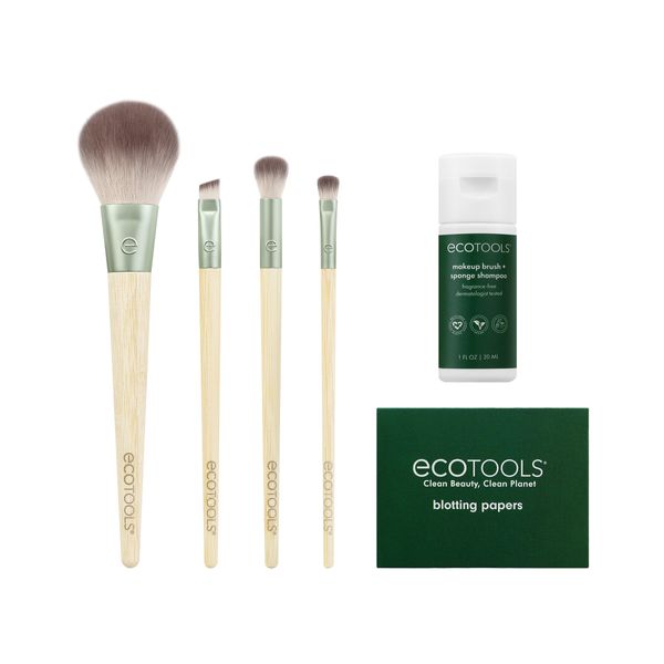 EcoTools Limited Edition Merry Must-Haves Kit, Face & Eyeshadow Makeup Brushes, Brush Shampoo & Cleanser, Blotting Papers for Matte Makeup, Eco-Friendly, 6 Piece Gift Set