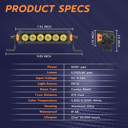 JIEPENG 2PCS 7 inch Slim Single Row LED Light Bar 60W Flood Spot Combo Beam Off Road Driving Lights Hidden Bumper Mount Fog Lights for Pickup Truck SUV ATV UTV Marine