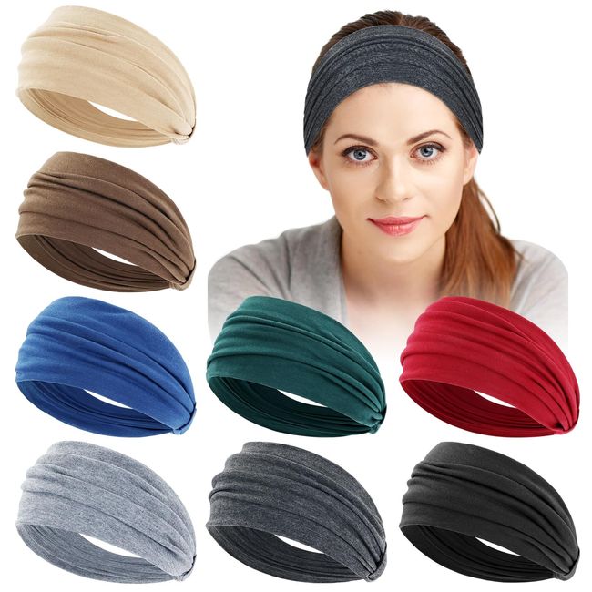 Dizila 8 Pieces Solid Soft Stretchy Boho Wide Headbands Running Yoga Gym Sports Turban Headwraps Hair Bands Accessories for Women Girls