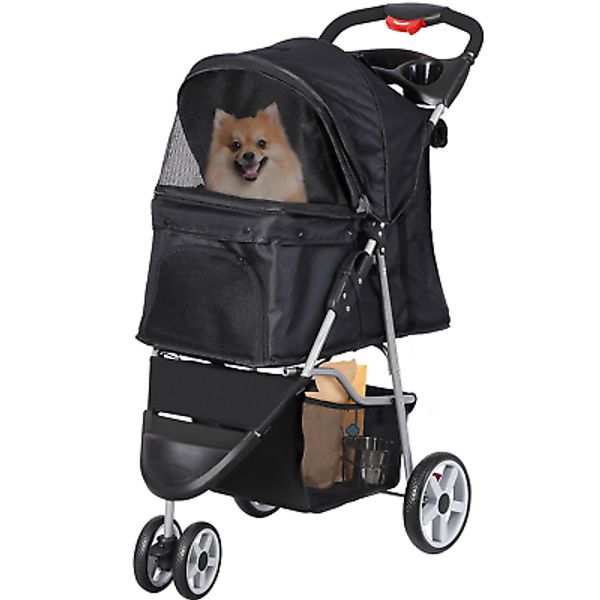 Foldable Pet Stroller for Cats and Dogs 3 Wheels Carrier Strolling Cart with Wea