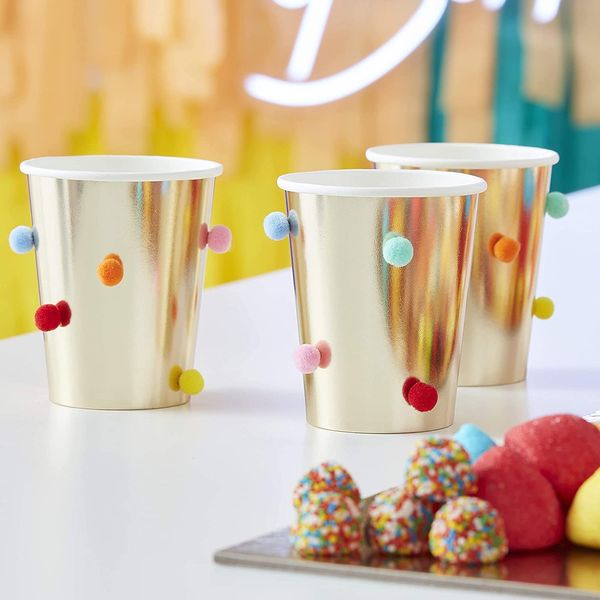 Ginger Ray Gold Foil with Bright Rainbow Poms Paper Party Cups 8 Pack Gold Foil with Bright Rainbow Pom Poms