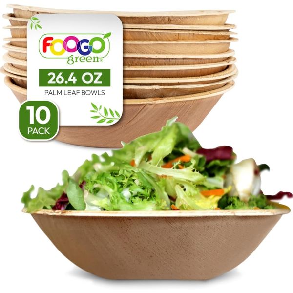 FOOGO Green 10 Disposable Palm Leaf Serving Bowls 8"(20cm) 26.5oz (750ml) Party Salad Bowls Deep Round Eco Friendly Biodegradable Wedding Party Bowls Like Wooden Bowl Paper Bowl