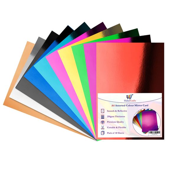 Assorted Colour Mirror Card A4 Coloured Metallic Mirror Board Thick 250gsm Card Shiny Sheets Mirror Foil Activity Craft Cardstock Reflective Shimmer Mirror Finish (10 Assorted Colours - 10 Sheets)