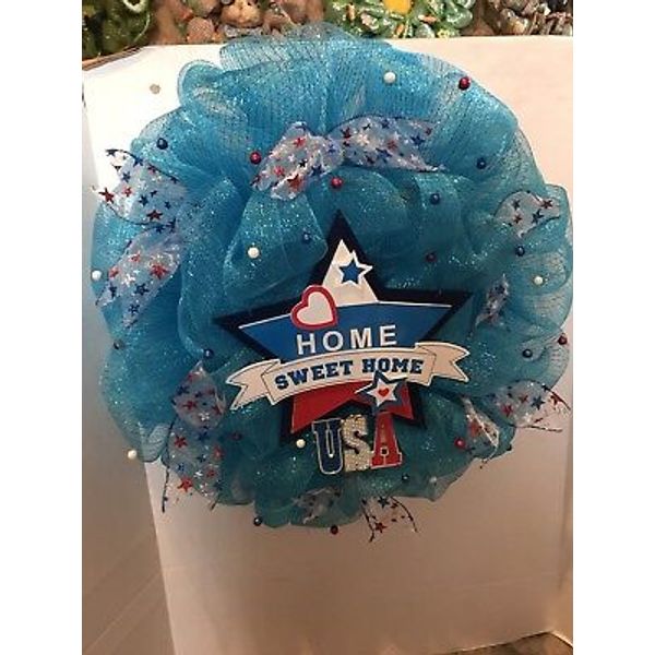 Patriotic Wreath Hand Crafted Fabric Mesh With Home Sweet Home USA Plaque