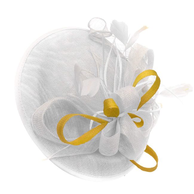 Caprilite White and Yellow Sinamay Big Disc Saucer Fascinator Hat for Women Weddings Headband