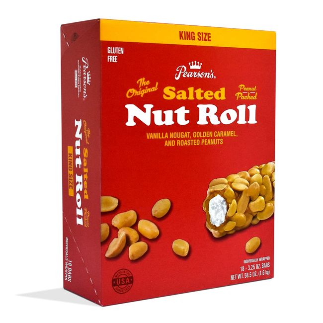 Pearson's King Original Salted Nut Roll | Loaded With Crunchy Roasted Peanuts, Golden Caramel, and Chewy Nougat | Pack of 18 - 3.25 oz. King-Sized Candy Bars