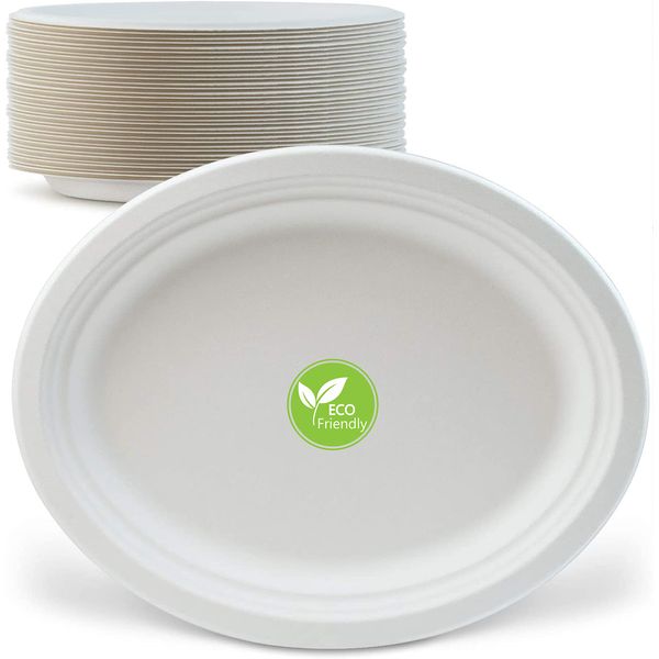 DEcorative Concepts UK Oval Super Rigid Paper Plates - Extra Strength White Disposable Bagasse Plates - Eco-Friendly, Biodegradable and Compostable - Perfect for Picnics, BBQs,and Parties (50)