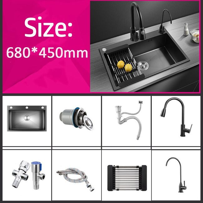 Stainless Steel Single Kitchen Sink, Drain Pipe- Wash Basin Set