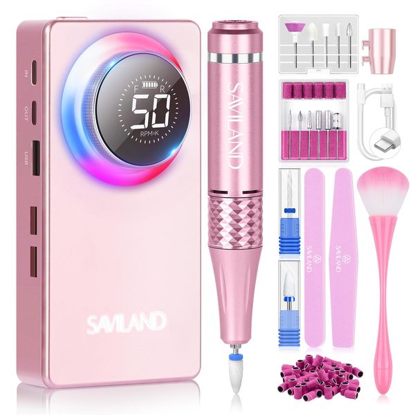 SAVILAND 50000RPM Electric Nail Drill Professional: Rechargeable Portable Efile Nail Drill Kit Strong-Power Nail File Electric 2 Ceramic Bit 11 Drill Bits for Nail Tech Fast Remove Acrylic Nail Salon