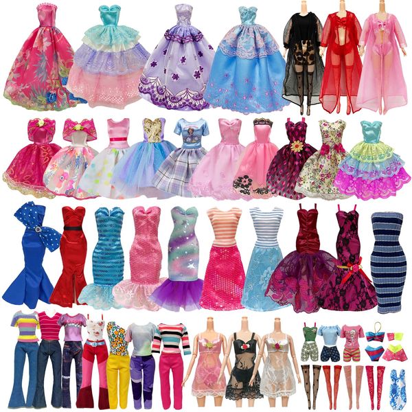 12 Pcs Doll Clothes and Accessories for 11.5 Inch Girl Dolls Outfit Including 5 Dresses,One Piece of Open Front Long Cardigan 2 Tops,2 Pants, A Pair of Pajamas,A Swimsuit,2 Stockings