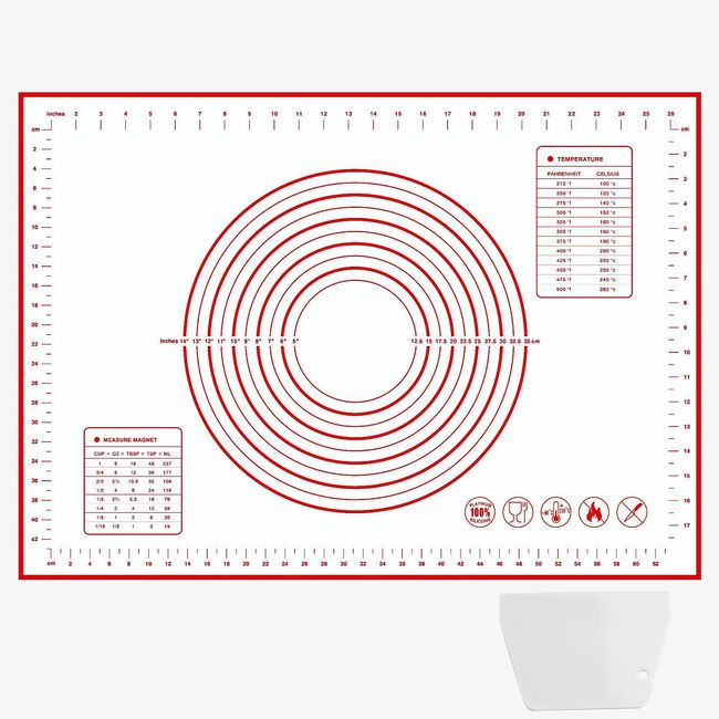 Gvolatee Silikon Backmatte 50×70 cm, Teigmatte mit Teigschaber Wiederverwendbar Antihaftbeschichtete Rutschfeste, Silikonmatte Teigmatte Rot mit Messung für Macarons, Plätzchen, Pizza Teig