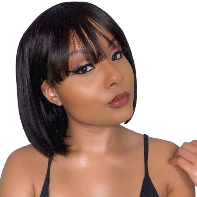 SQPLXK Short Bob Human Hair Wigs with Bangs None Lace Front Wigs Brazlian Straight Hair Machine Made Bob Wig for Black Women Natural color (8 Inch)