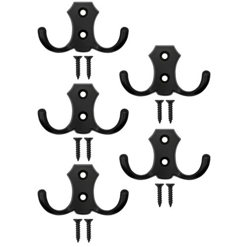 FUXXER® Classic Coat Hooks, Clothes Hooks, Double Hooks, Kitchen Hooks, Iron Design, Set of 5 (Black)