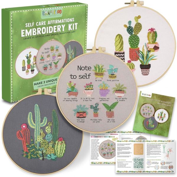 CRAFTILOO Learn The Stitches Cactus Self Care Embroidery kit for Beginners 3 Pcs