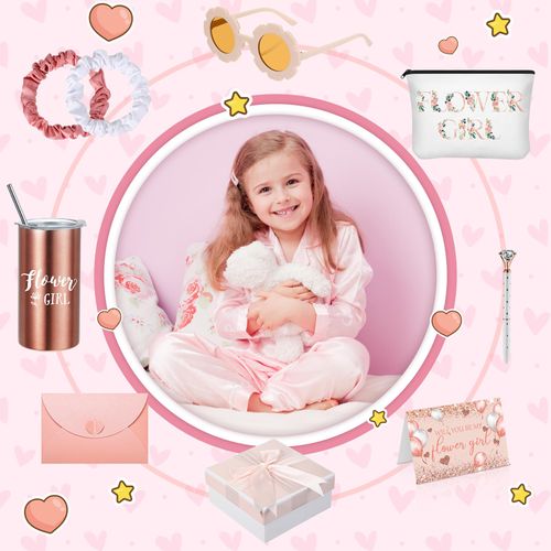 10 Pcs Flower Girl Gifts Set Flower Girl 14oz Tumbler Canvas Bag Satin Scrunchies Kimono Robe Proposal Gift Box Sunglasses Diamond Pen Card Envelope Flower Girl Basket Gifts for Wedding Party (Size 6)