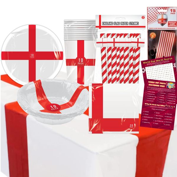 England Tableware Set - England Party Decorations 87 Pcs - Disposable Paper Plates, Straws, Cup, Napkins, Tablecloth, Bowl - EURO 2024, Six Nations Decorations, England Football