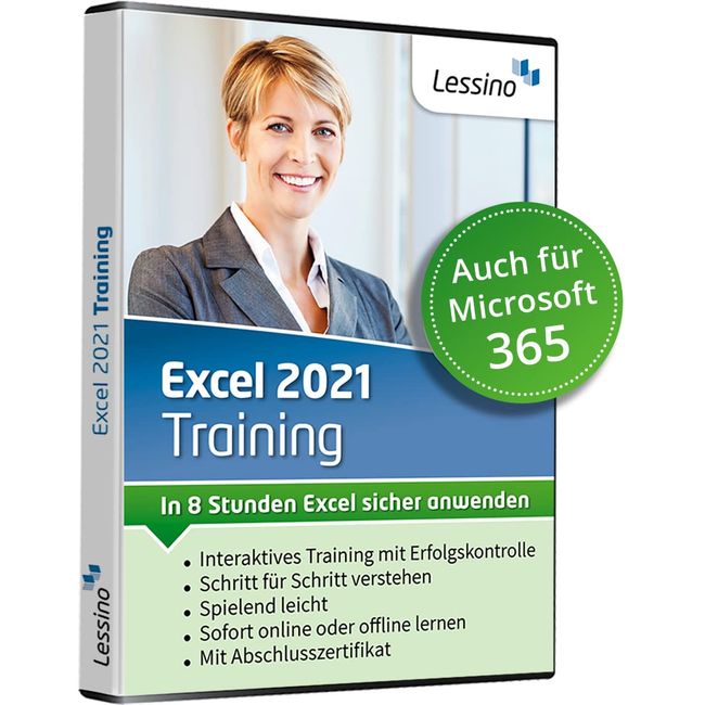 Excel 2021 Training - In 8 Stunden Excel sicher anwenden | Lernen Sie in diesem Kurs Schritt für Schritt die Grundlagen von Excel 2021 bzw. Excel 365| Online-Kurs + DVD von Lessino [1 Nutzer-Lizenz]