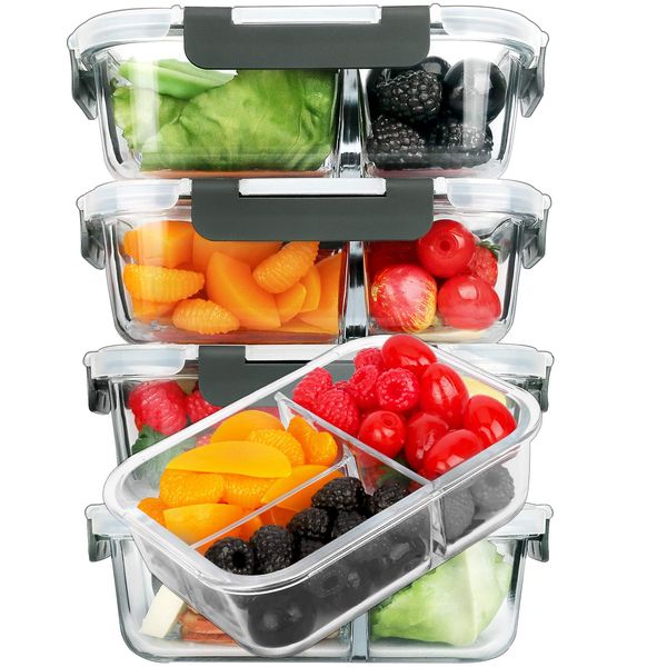 M MCIRCO [5-Pack, 36 oz] Glass Meal Prep Containers 3 Compartment with Lids, Glass Lunch Containers,Food Prep Lunch Box,Bento Box,Microwave, Oven, Freezer, Dishwasher (4.5 Cups)