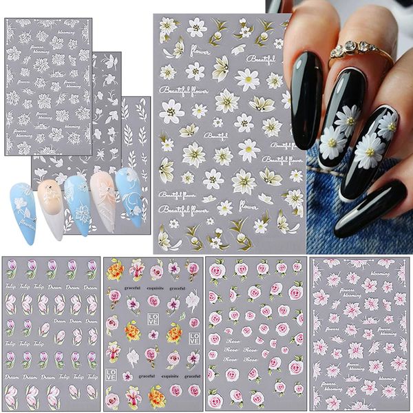 Penubuy 8 Selbstklebende Nagelaufkleber, 5D Dreidimensional Gravierte Blume Gänseblümchen Rose Nagel Aufkleber, Nageldesign Zubehör