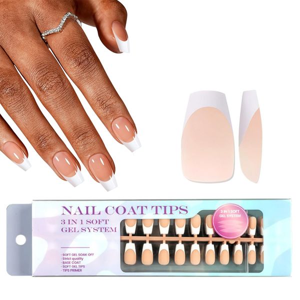 False Nails Kit, 300Pcs Nude French Press On Nails Short, Coffin French Nail Tips Acrylic Fake Nails, 15 Sizes Soft Gel Fake Nails for Women Girls Women French White Tip Nail Art(Nude French Coffin)