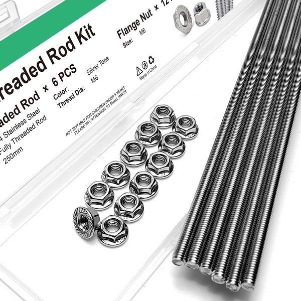 M6-1.0x250mm Fully Threaded Rod Studs, 304 Stainless Steel Long Threaded Screw Right Hand Threads, 6 Pack