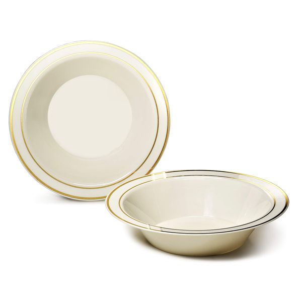 " OCCASIONS " 60 Pieces Plates Pack, Heavyweight Disposable Wedding Party Plastic Bowls (14oz Soup Bowl, Ivory & Gold Rim)