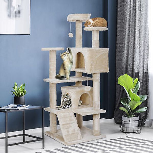 53" Beige Cat tree Tower Cats Scratcher Play House Condo Pet House Fun Safe Use