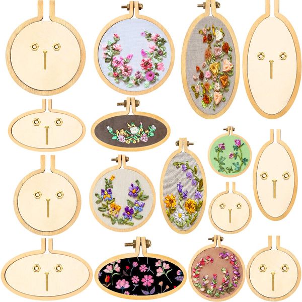 Mini Embroidery Hoop Wooden Mini Crossing Stitch Hoop Mini Ring Embroidery Circle for DIY Pendant Crafts, Round, Oval Vertical, Oval Horizontal (16 Sets)