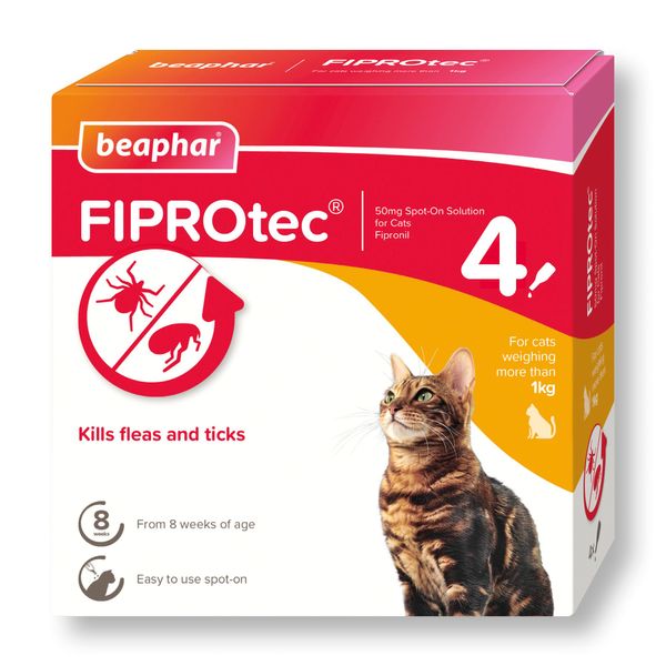 Beaphar | FIPROtec Spot-On | Kills Fleas & Ticks | Vet Strength Treatment | Easy to Apply | Suitable for Cats & Kittens from 8 Weeks of Age, Weighing more than 1kg | 4 Pipettes