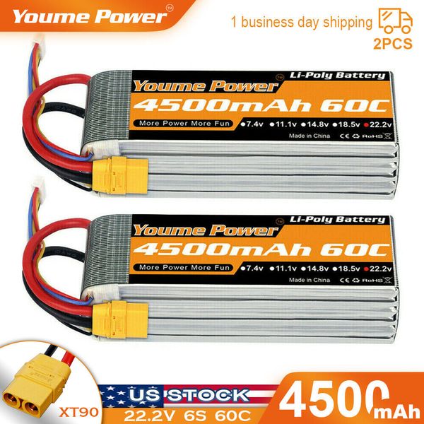 2pcs 22.2V 6S 4500mAh LiPo Battery 60C XT90 for RC Helicopter Airplane Car