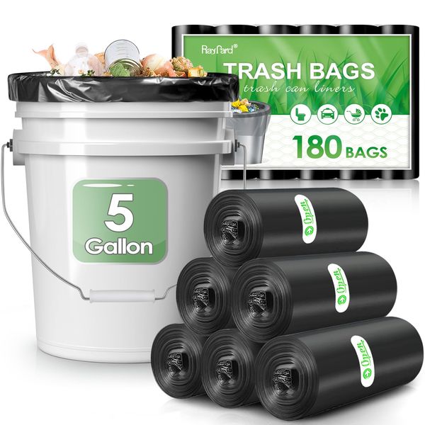 5 Gallon 180 Counts Small Strong Trash Bags Garbage Bags by RayPard, fit 18-20 Liter, 4.5-5,5.3 Gal trash Bin Liners for Home Office Kitchen Bathroom Bedroom, Black