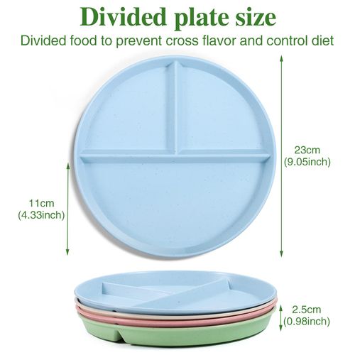 Lanjue 4Pcs Divided Dinner Plates, 9 inch Unbreakable Portion Control Divided Diet Plates Reusable Picnic Plates Microwave and Dishwasher Safe Dishes for Adult Children Kids