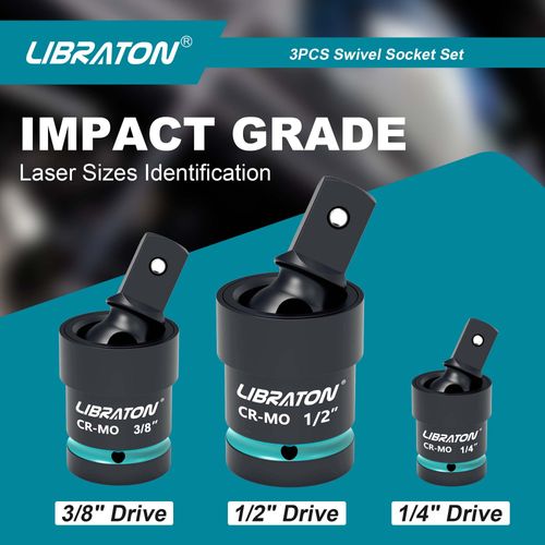 Libraton Swivel Socket Set, Impact Grade Universal Joint, 3 Pieces Ball Spring Design, Cr-Mo Steel, 1/4-Inch, 3/8-Inch, 1/2-Inch U-Joint Drive