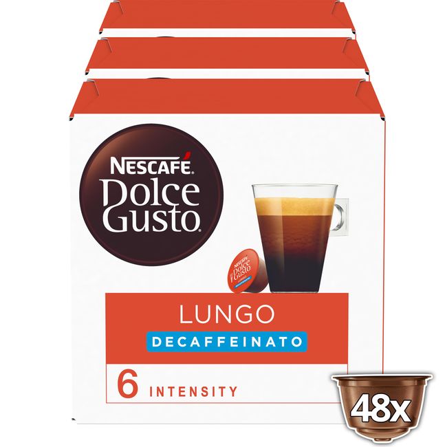 NESCAFE Dolce Gusto Lungo Decaf Coffee Pods - total of 48 Coffee Capsules - Decaffeinated Coffee (3 Packs)