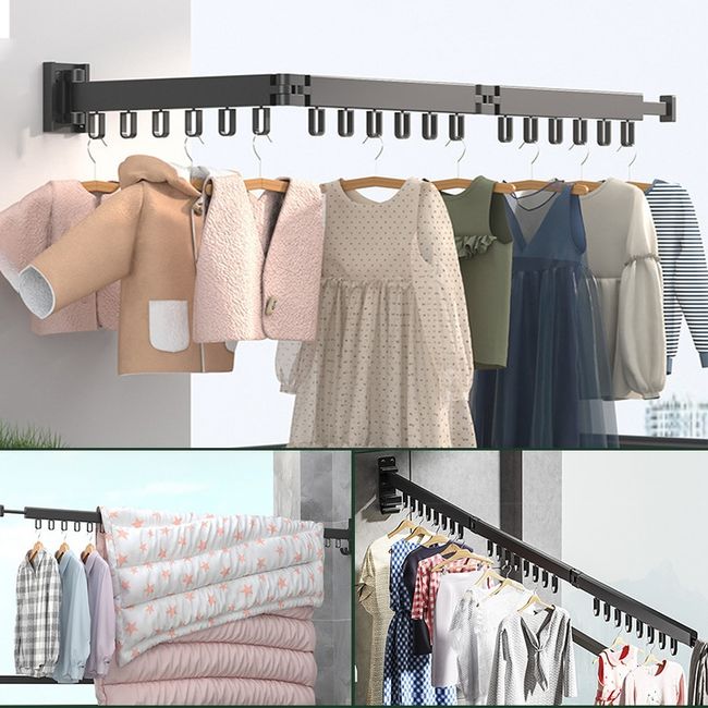 Folding Clothes Hanger Wall Mount Retractable Cloth Drying Rack Indoor &  Outdoor Space Saving Aluminum Home Laundry Clothesline