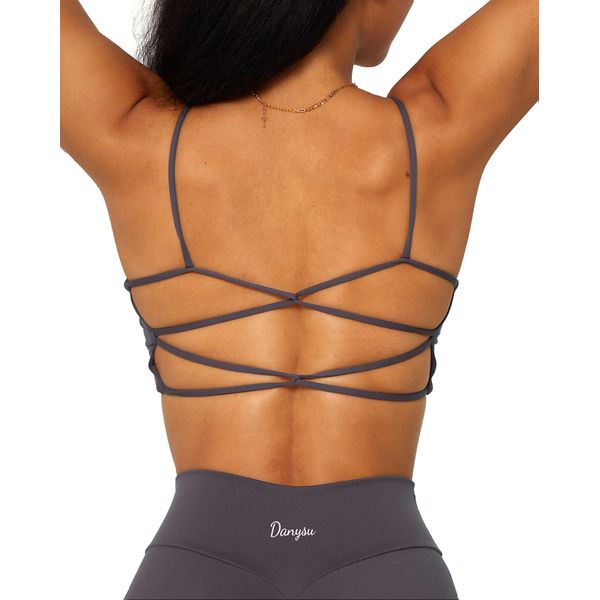 Danysu Rückenfreier Sport BH Damen Racerback Sports Bra Workout Top Leichter Träger-Sport-BH Niedliche Gymnastik-Kleidung Quadratischer Ausschnitt Crisscross Vulkanasche S