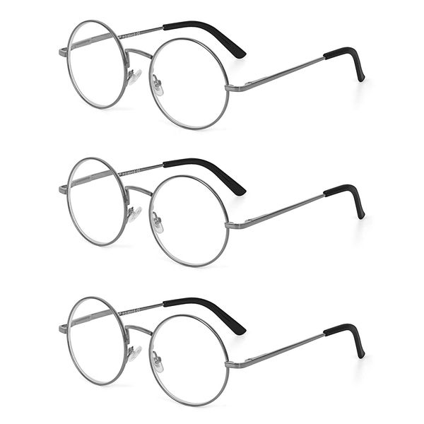 EYE ZOOM 3 Pack Metal Frame Round Reading Glasses with Spring Hinge (Gunmetal, 1.75 Strength)