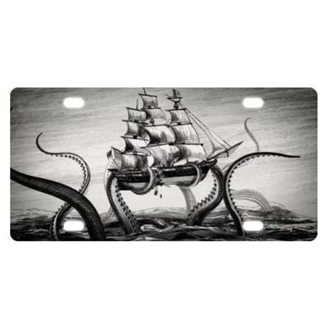 License Plate Best Design Cool Kraken Octopus Pattern,Deep Sea Monster Art Metal for Front of Car 12" x 6"