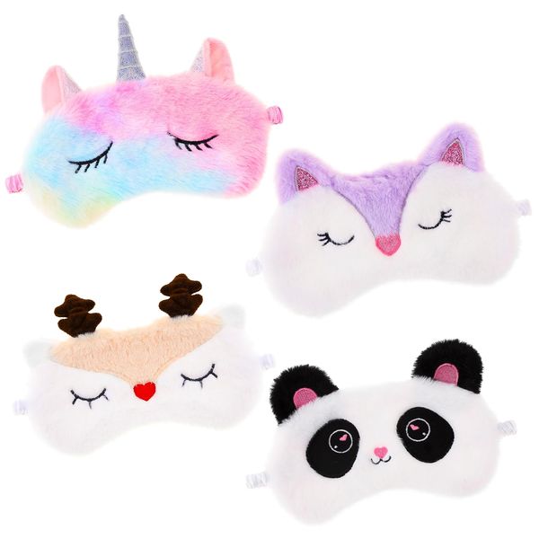 Xialvyu 4 Pack Kids Eye Mask, Eye Masks for Sleeping, Soft Cute Animal Plush Sleeping Mask, Sleeping Mask for Girls Adult Children