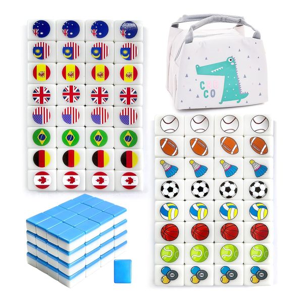 Seaside Escape Game Blocks， Mahjong Tile Game Sets with 65 Tiles 30mm Flag and Ball Pattern with Handbag for Spring Picnic Party Gift.