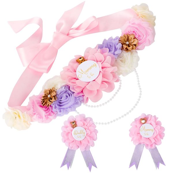 Jspupifip Teddy Bear Maternity Sash & to Be Corsage Pin Set Pink Flower Belly Belt Baby Shower Maternity Photography Gift for Decorations Souvenir Supplies