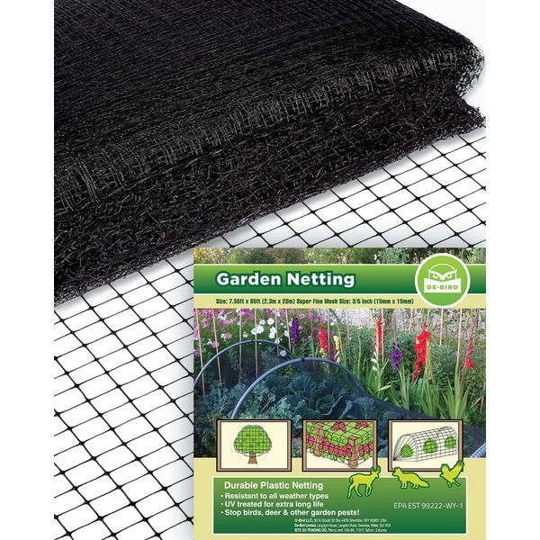 De-Bird Garden Fencing 7.5 x 65 ft Heavy Duty Bird Netting for Garden Protection Plastic Fence - Deer Fence Garden Netting Pest Barrier, Rabbit Fence, Flower Bed Fencing, Garden Fence Animal Barrier