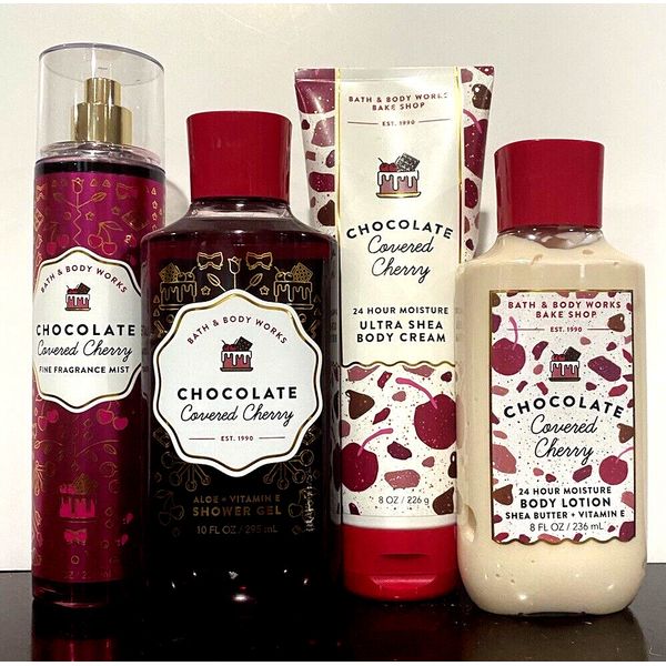 Bath & Body Works Set Of 4 CHOCOLATE COVERED CHERRY Mist~Lotion~Shower Gel~Cream