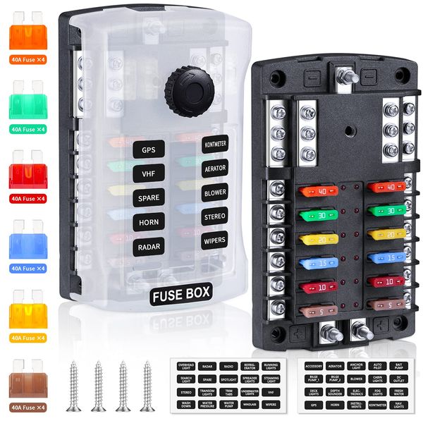 Upgraded 300A 12 Way Blade Fuse Block Fuse Box with 2 Positive Power Inputs Negative Bus, ELECTOP 12 Circuit Fuse Holder ATC/ATO Fuse Block Panel with LED Indicator for 12V/24V Car Truck Boat Marine