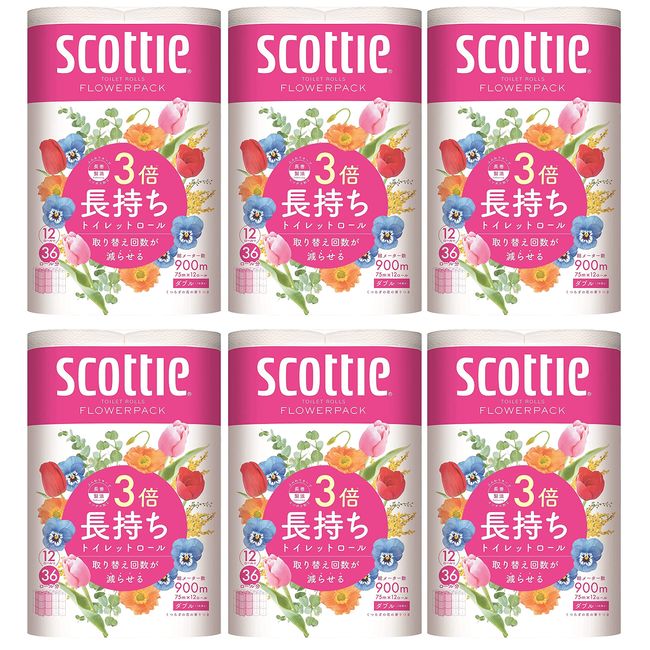 Scotty Flower Pack, 3 Times Longer, 12 Rolls of Toilet 12 Rolls, 29.5 ft (75 m) Double x 6 Pieces