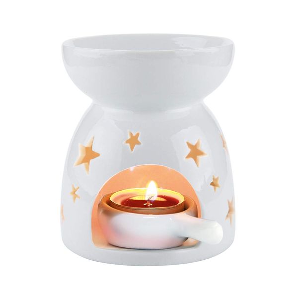 ComSaf Wax Melt Essential Oil Burner White - Star Pattern, Ceramic Aroma Burners Assorted Wax Warmer Aromatherapy Tarts Holder Candle Scented Diffuser Home Bedroom Decor Christmas Housewarming Gift