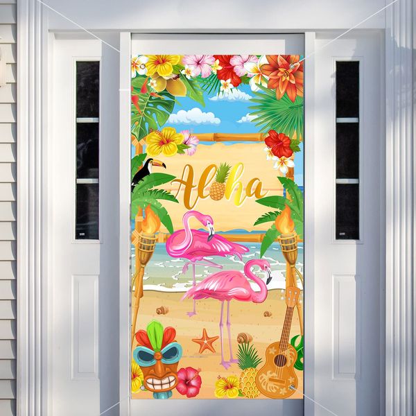 Rtteri Aloha Party Decorations Hawaiian Door Cover Sign Summer Luau Beach Supplies Party Door Banner Tropical Tiki Party Backdrop for Hawaiian Party Yard Birthday Accessory