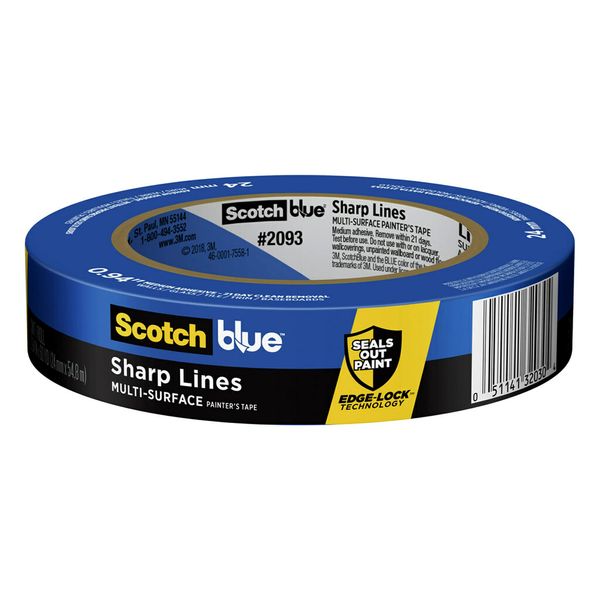 ScotchBlue Sharp Lines Multi-Surface Painter's Tape, 0.94 Inches x 60 Yards, Blue, Paint Tape Protects Surfaces and Removes Easily, Edge-Lock Painting Tape for Indoor and Outdoor Use (2093-24EC)