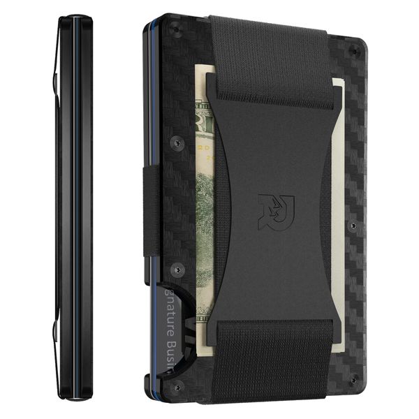 The Ridge Minimalist Slim Wallet For Men - RFID Blocking Front Pocket Credit Card Holder - Aluminum Metal Small Mens Wallets with Cash Strap (Carbon Fiber)